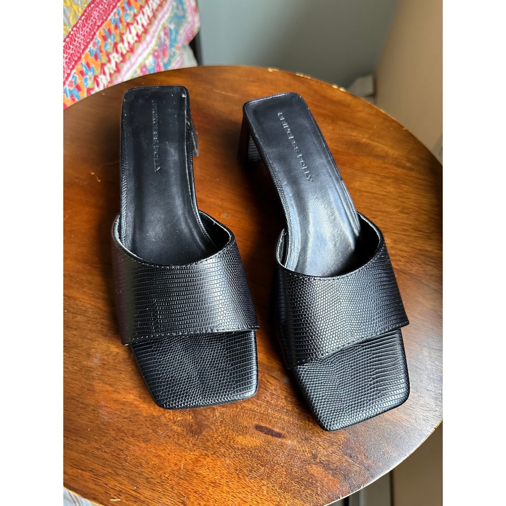 Princess Polly Black Lizard Embossed Square Toe Block Heel Slide Sandals 6